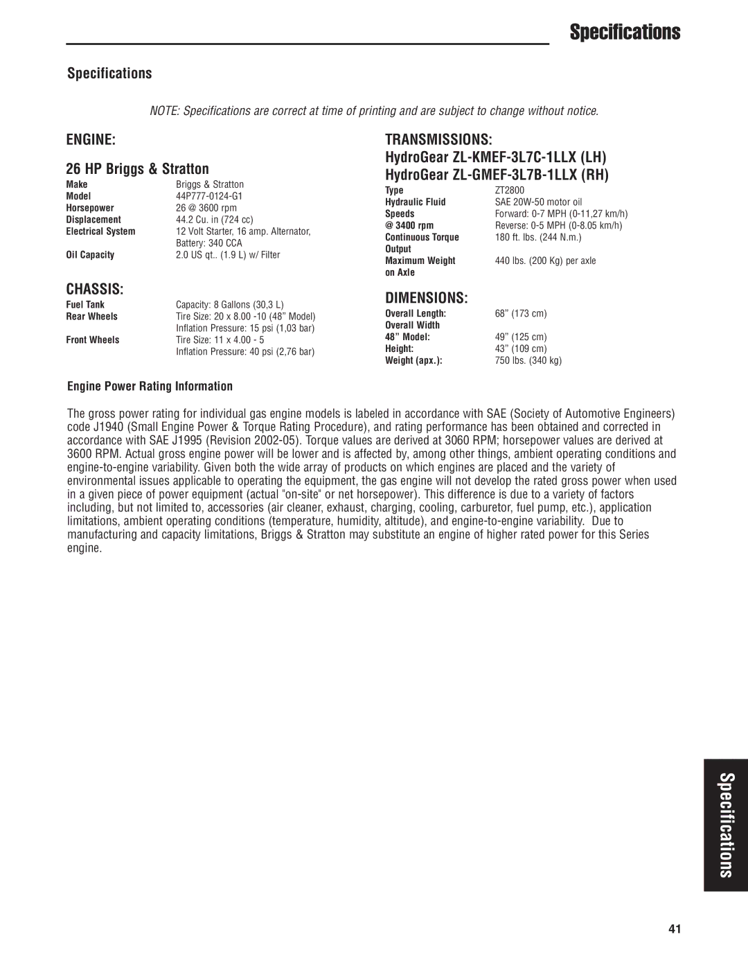 Snapper 500Z manual Specifications, Engine, Chassis, Transmissions, Dimensions 