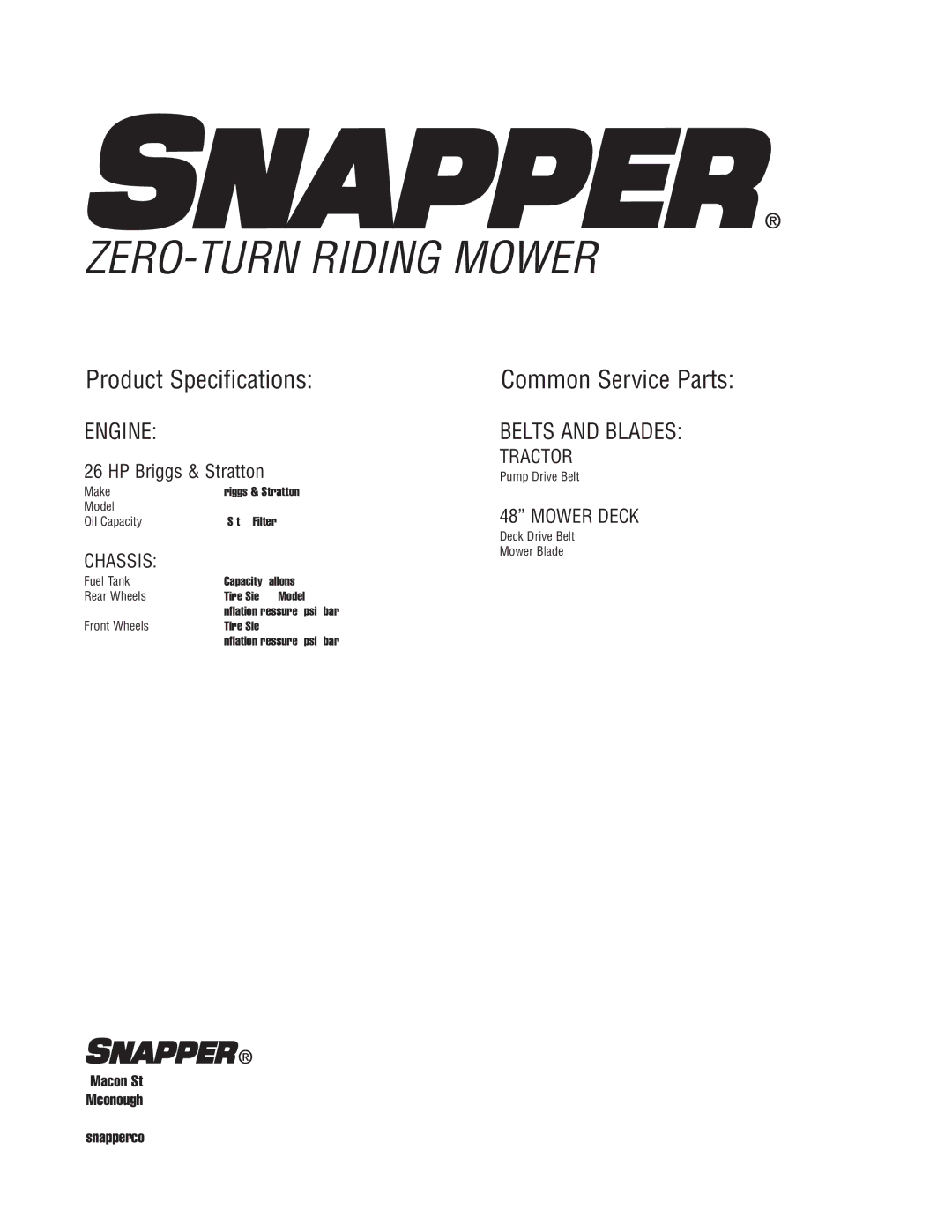 Snapper 500Z manual Product Specifications, Common Service Parts, Tractor, Mower Deck 