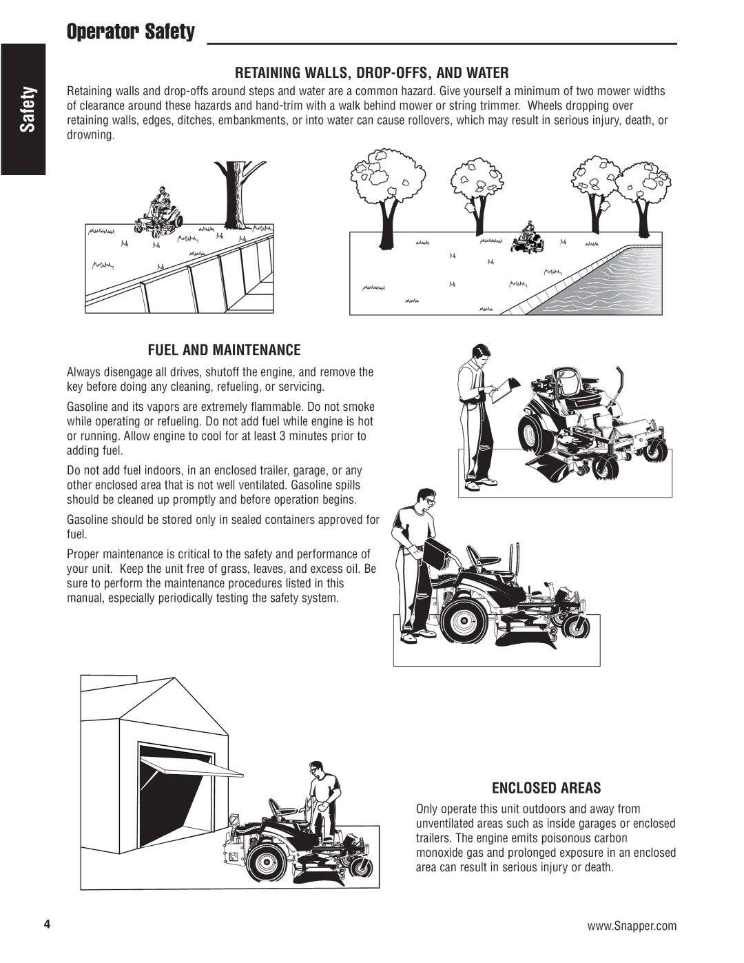 Snapper 500Z manual Retaining WALLS, DROP-OFFS, and Water, Fuel and Maintenance, Enclosed Areas 