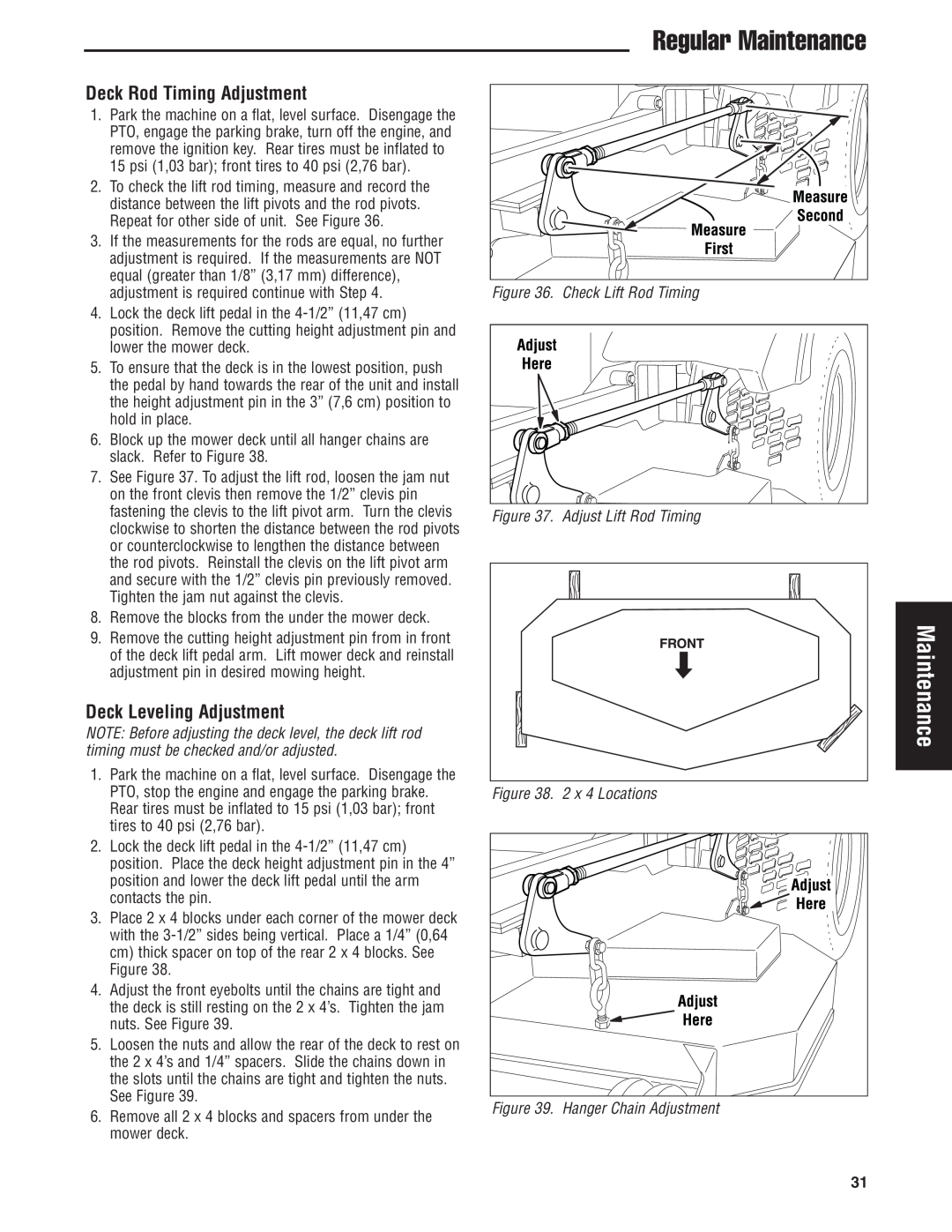 Snapper 500Z manual Regular Maintenance, Deck Rod Timing Adjustment, Deck Leveling Adjustment, Adjust Lift Rod Timing 