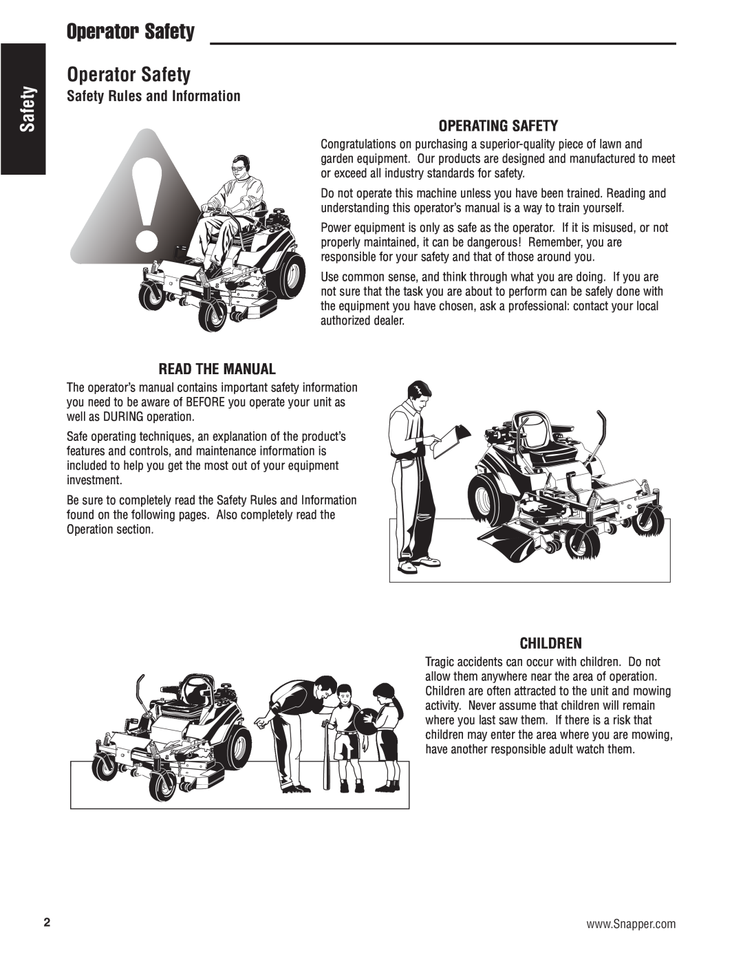 Snapper 500Z manual Operator Safety, Safety Rules and Information OPERATING SAFETY, Read The Manual, Children 