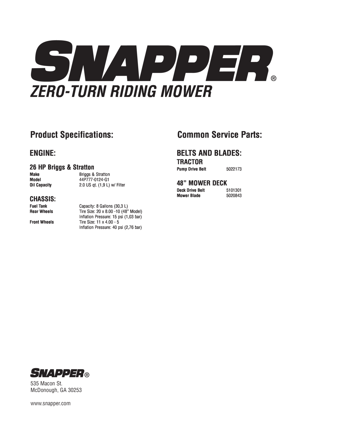 Snapper 500Z manual Product Specifications, Common Service Parts, Engine, Belts And Blades, Zero-Turn Riding Mower, Chassis 