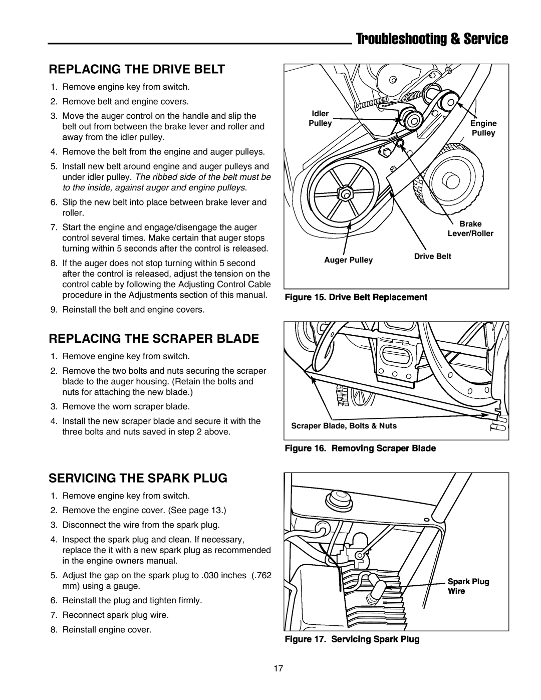 Snapper 5201m, 5201e manual Replacing The Drive Belt, Replacing The Scraper Blade, Servicing The Spark Plug 