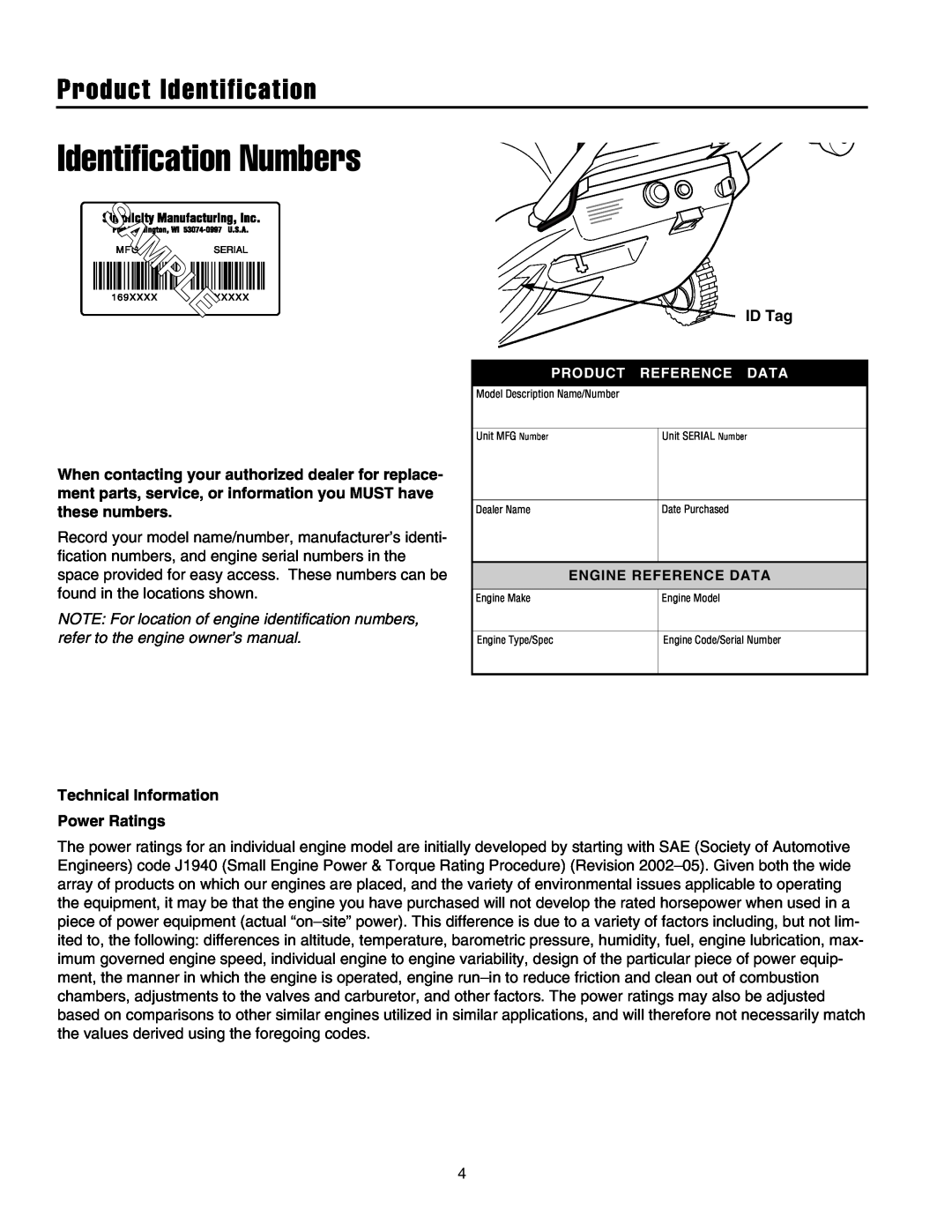 Snapper 5201m, 5201e manual Identification Numbers, Product Identification 