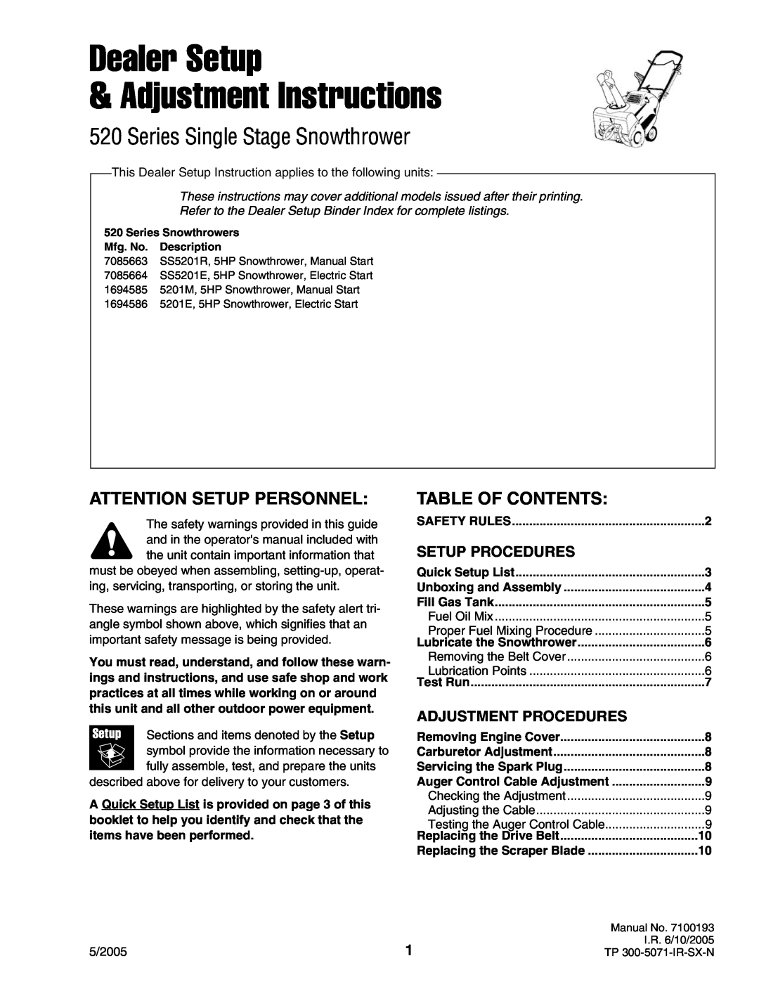 Snapper 5201E, 5201M manual Attention Setup Personnel, Table Of Contents, Setup Procedures, Adjustment Procedures 