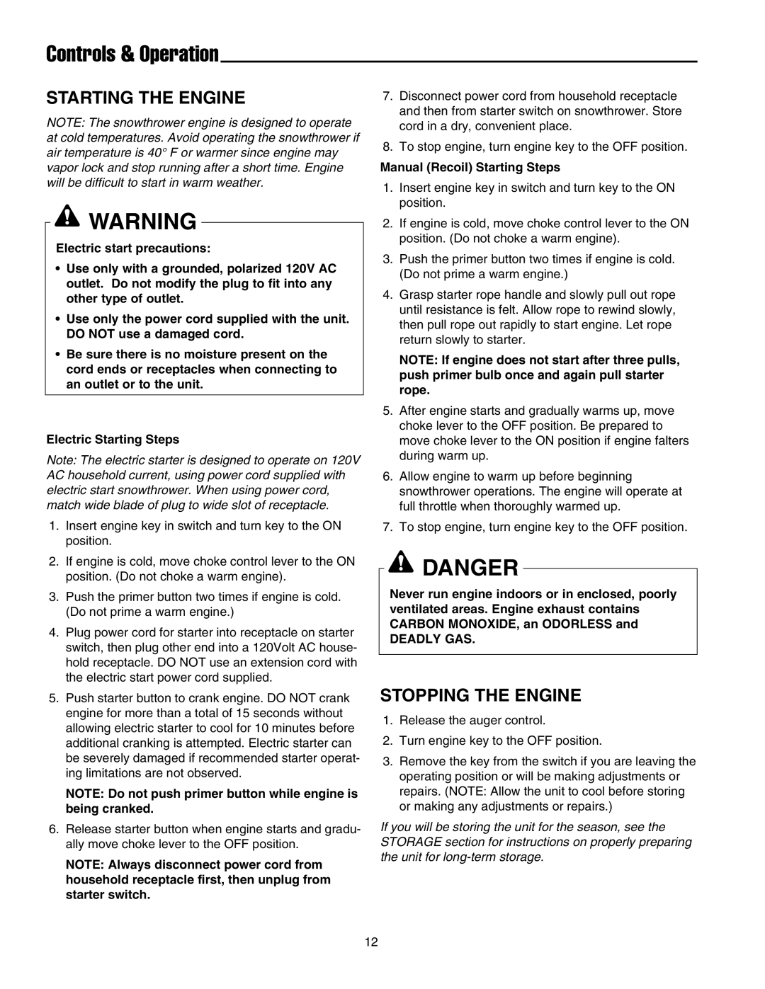 Snapper 5201m, 5201e manual Starting the Engine, Stopping the Engine, Manual Recoil Starting Steps 