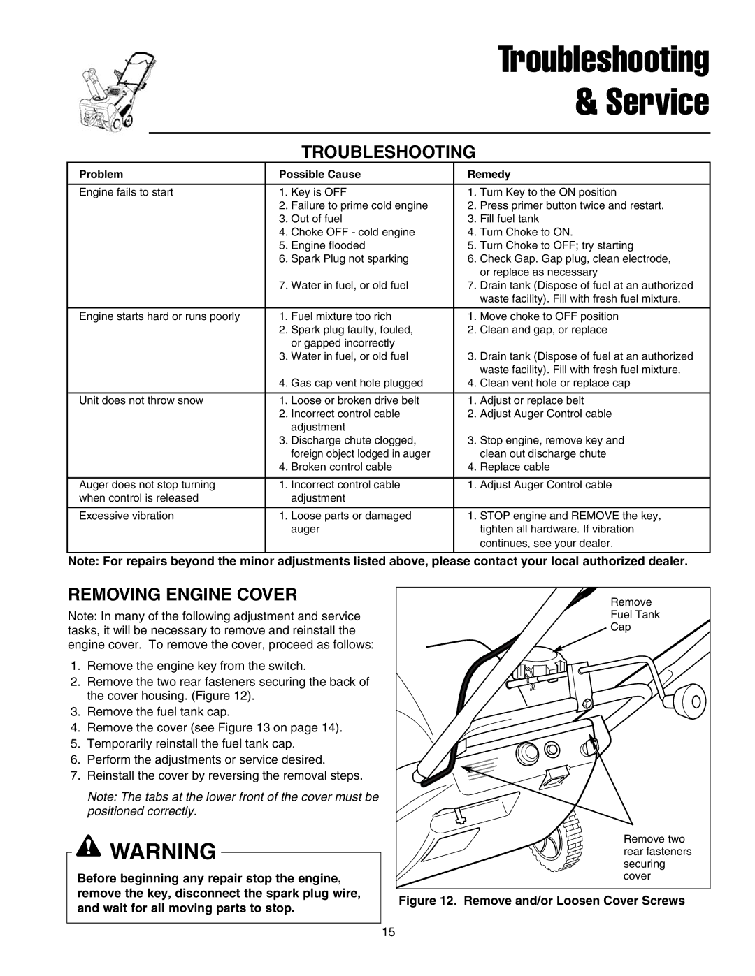 Snapper 5201m, 5201e manual Removing Engine Cover, Remove and/or Loosen Cover Screws 