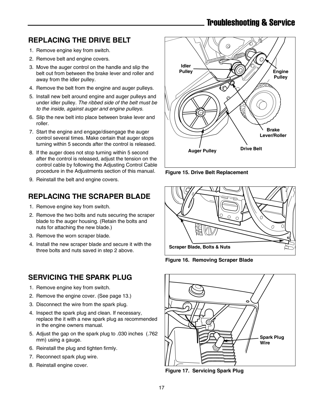 Snapper 5201m, 5201e manual Replacing the Drive Belt, Replacing the Scraper Blade, Servicing the Spark Plug 