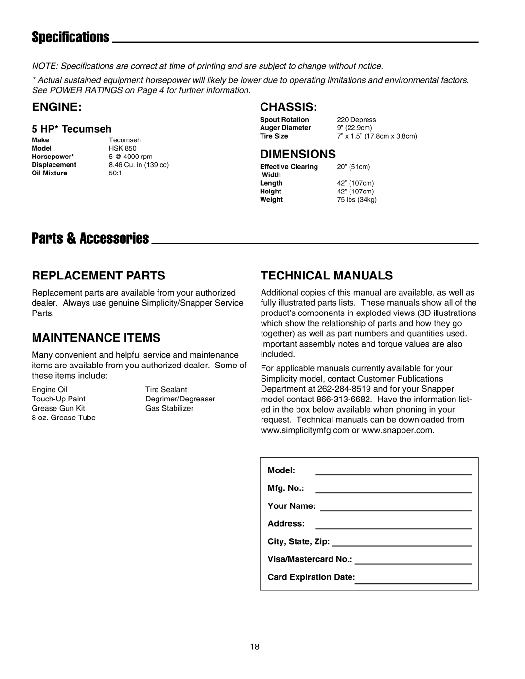 Snapper 5201m, 5201e manual Specifications, Parts & Accessories 