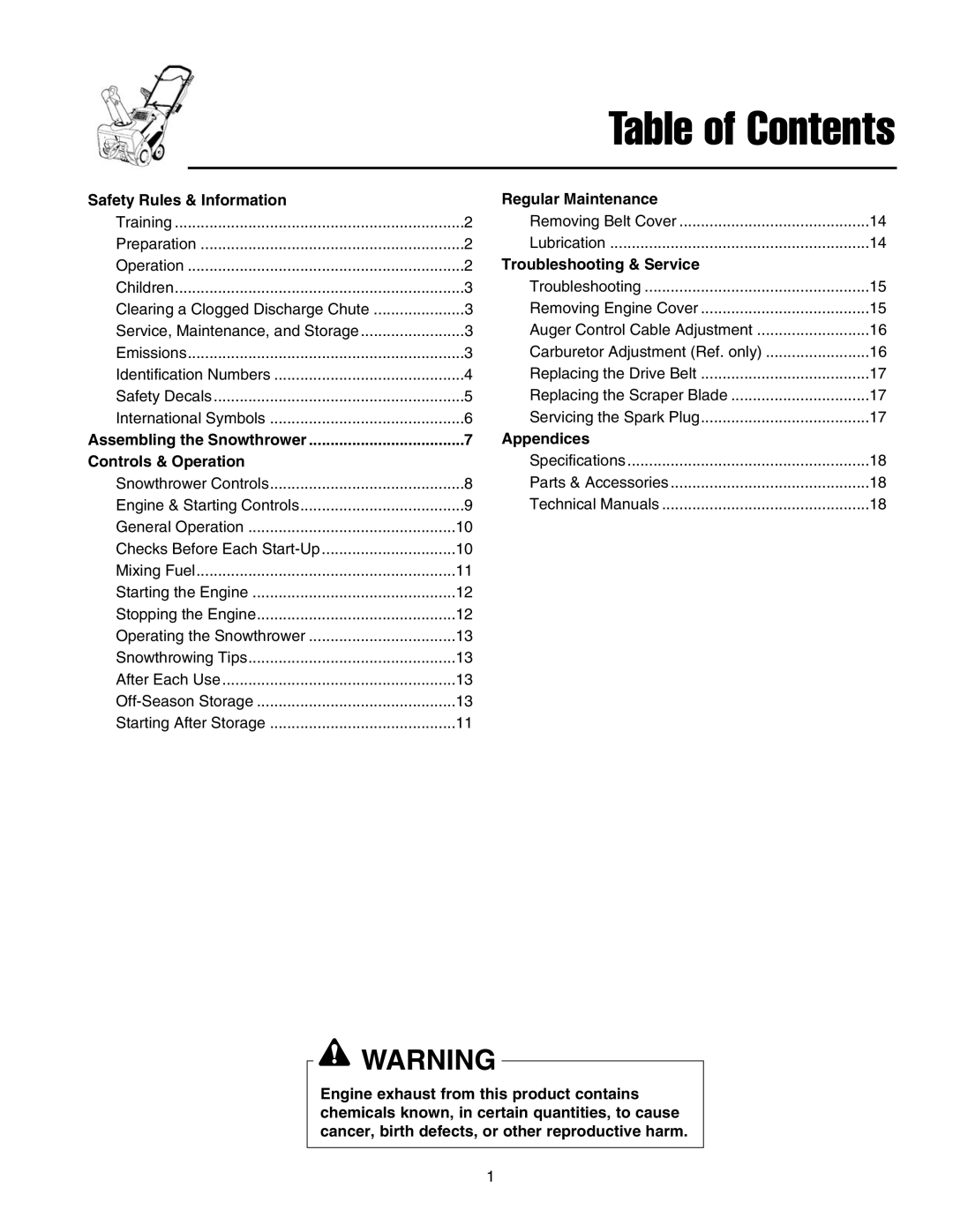 Snapper 5201m, 5201e manual Table of Contents 