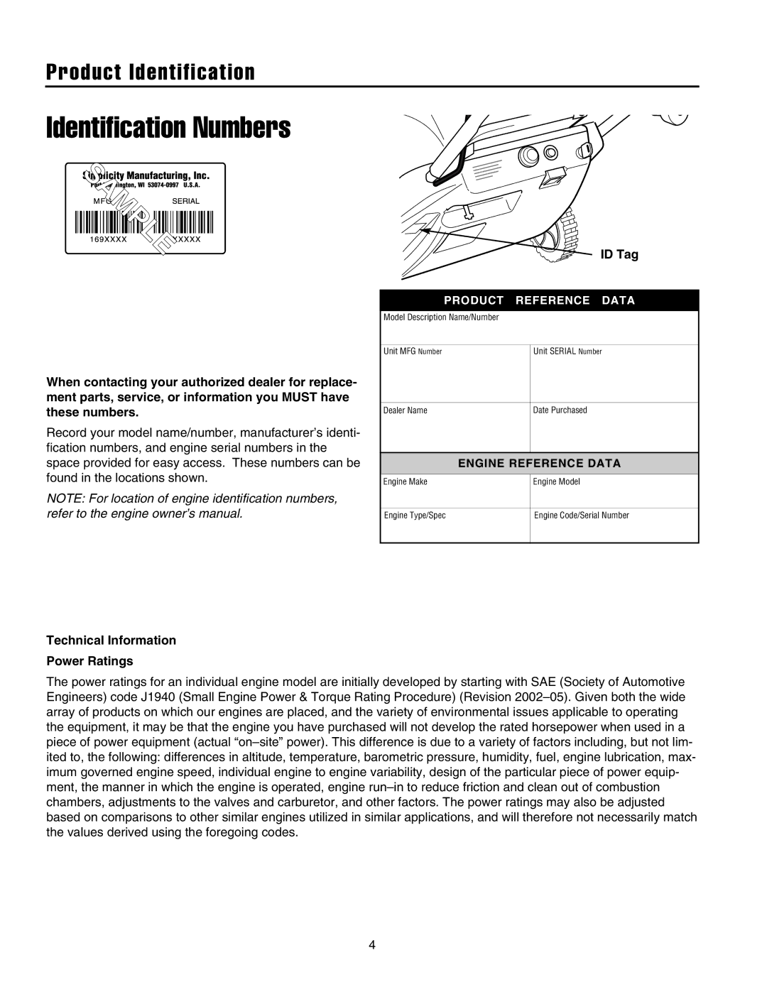 Snapper 5201m, 5201e manual Product Identification, Technical Information Power Ratings 