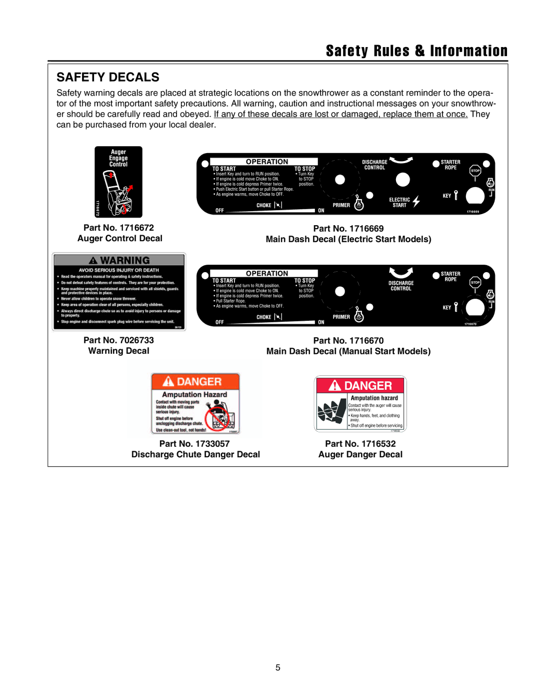 Snapper 5201m, 5201e manual Safety Rules & Information, Safety Decals, Discharge Chute Danger Decal 