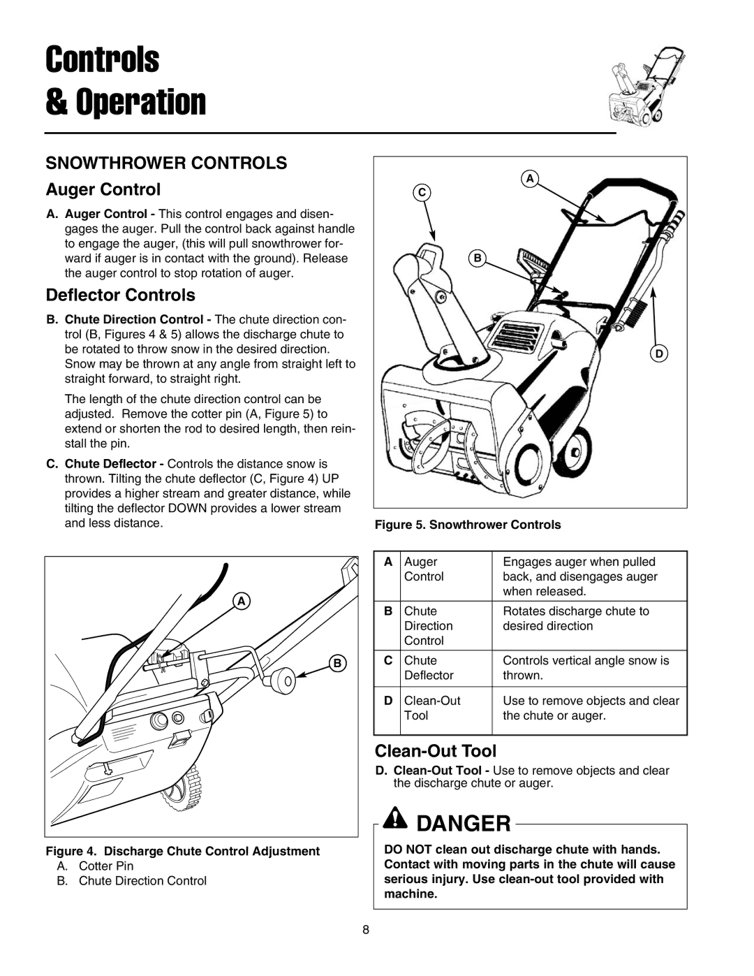 Snapper 5201m, 5201e manual Snowthrower Controls, Auger Control, Deflector Controls, Clean-Out Tool 