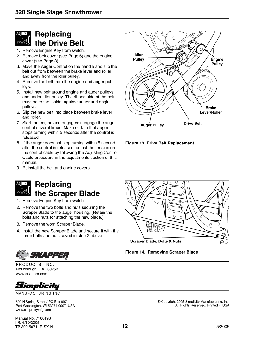 Snapper 5201M, 5201E manual Replacing Drive Belt, Replacing Scraper Blade, Scraper Blade, Bolts & Nuts 