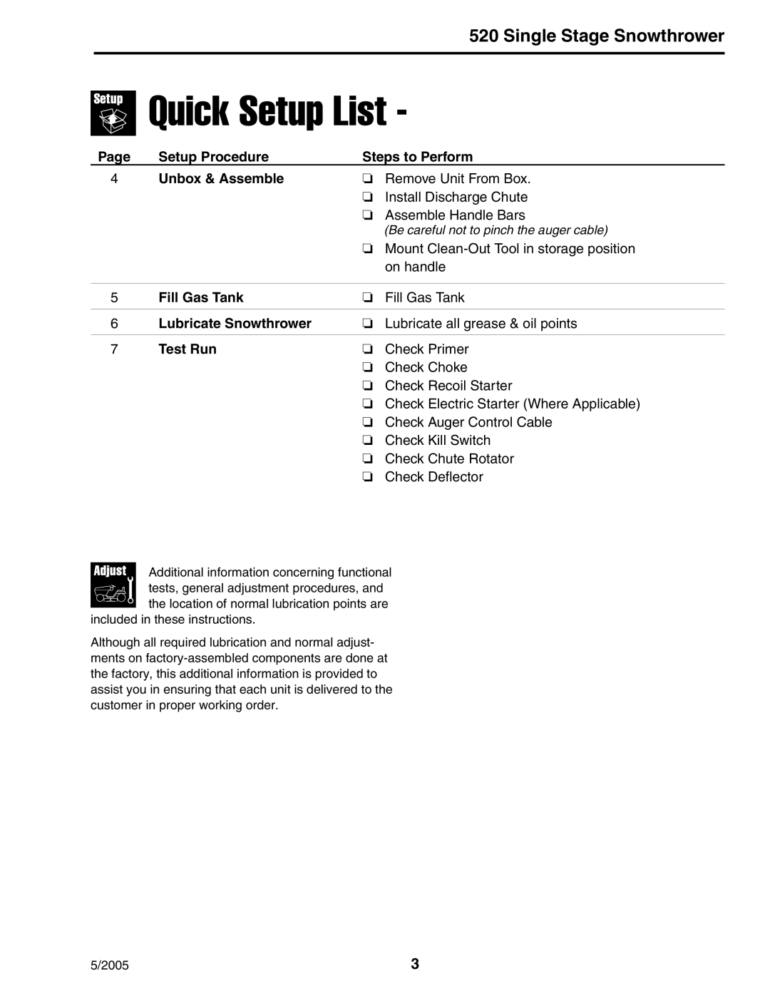 Snapper 5201E, 5201M manual Quick Setup List 