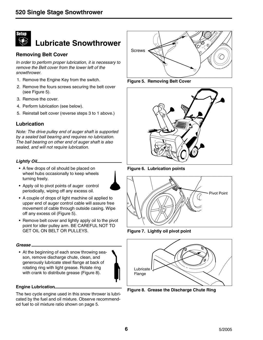 Snapper 5201M, 5201E manual Lubricate Snowthrower, Removing Belt Cover, Engine Lubrication 