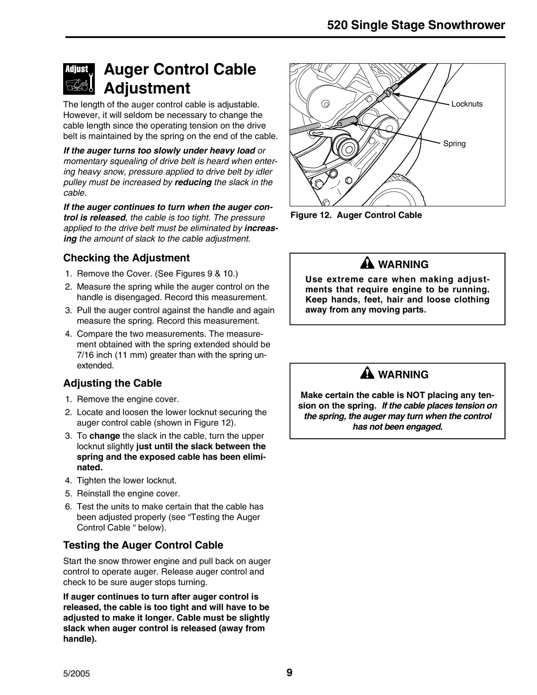 Snapper 5201E, 5201M manual Auger Control Cable Adjustment, Checking the Adjustment, Adjusting the Cable 