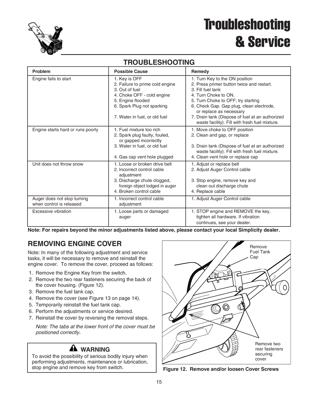 Snapper 5201M, 520E, 520M manual Service, Removing Engine Cover 