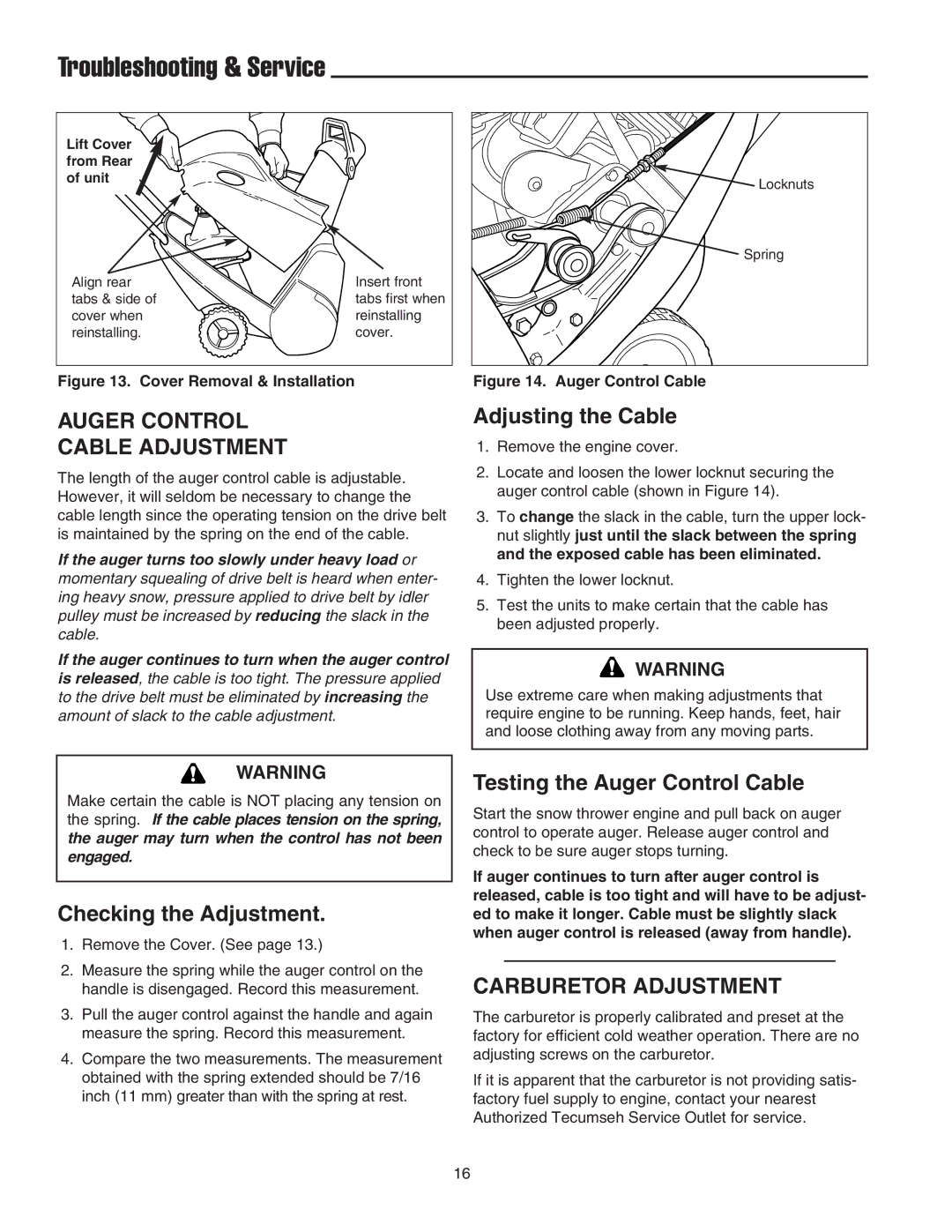 Snapper 520M, 5201M, 520E manual Troubleshooting & Service, Auger Control Cable Adjustment, Carburetor Adjustment 