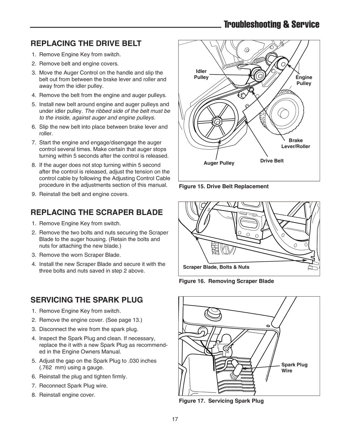 Snapper 5201M, 520E, 520M manual Replacing the Drive Belt, Replacing the Scraper Blade, Servicing the Spark Plug 