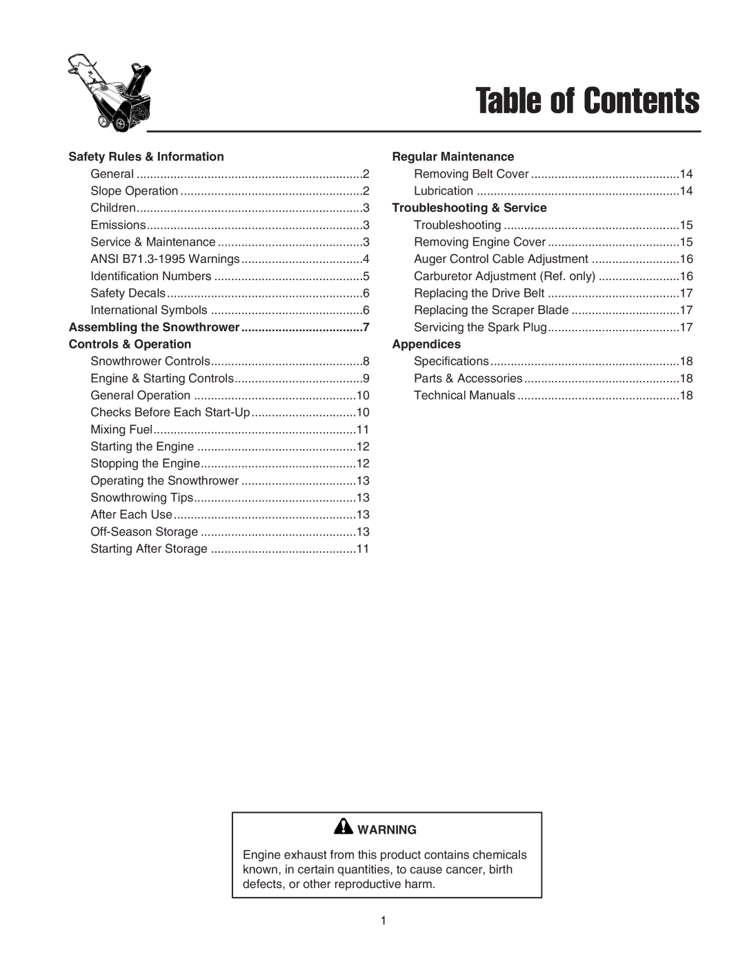 Snapper 5201M, 520E, 520M manual Table of Contents 