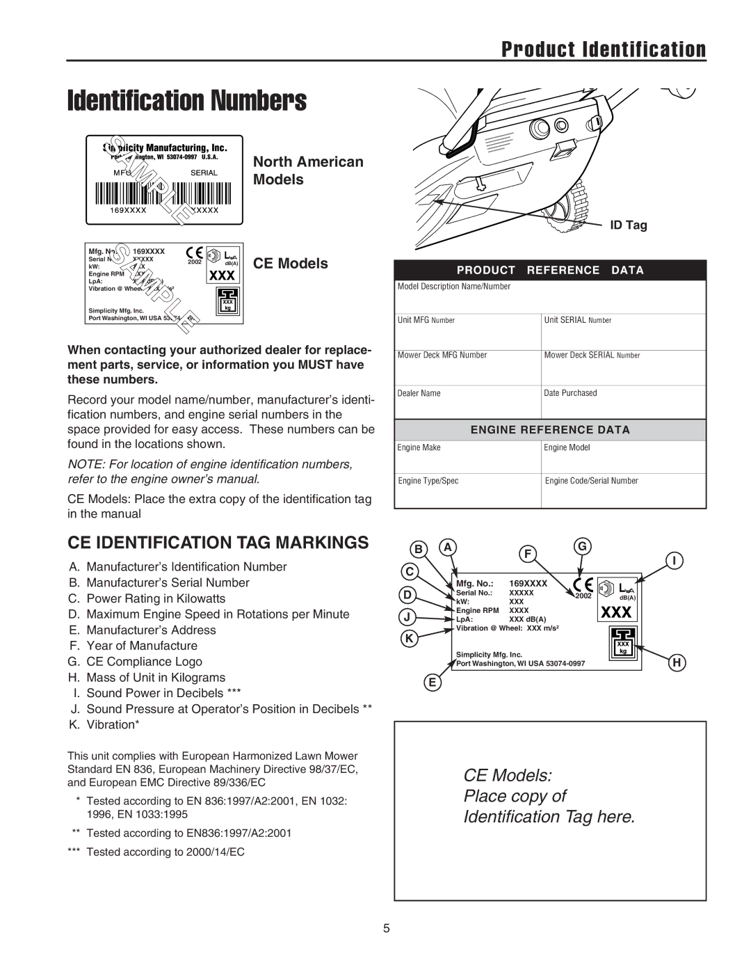 Snapper 5201M, 520E, 520M manual Product Identification, CE Identification TAG Markings, ID Tag 