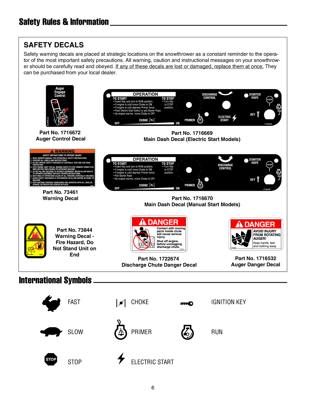 Snapper 520M, 5201M, 520E manual Safety Rules & Information, International Symbols, Safety Decals 