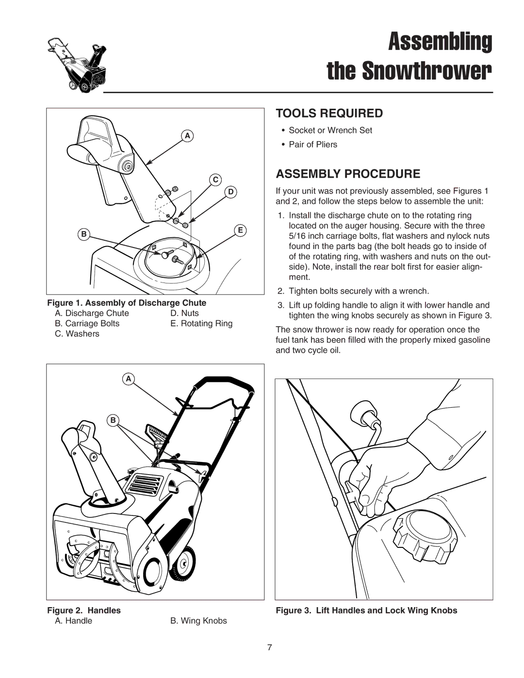 Snapper 5201M, 520E, 520M manual Tools Required, Assembly Procedure, Handle Wing Knobs 