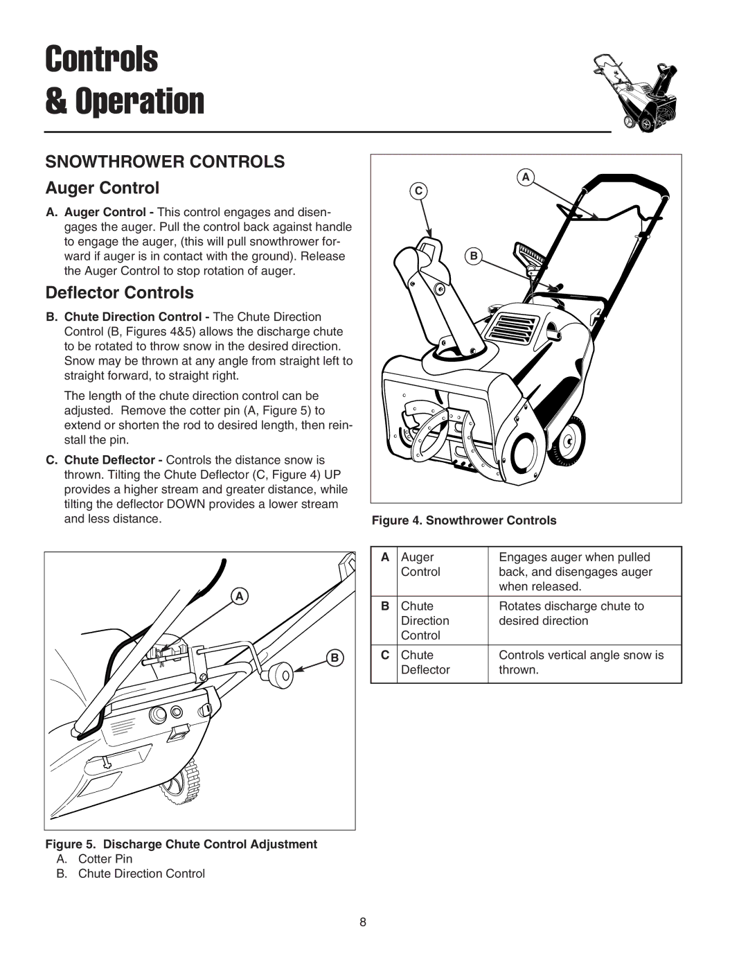 Snapper 520M, 5201M, 520E manual Controls Operation, Snowthrower Controls, Auger Control, Deflector Controls 