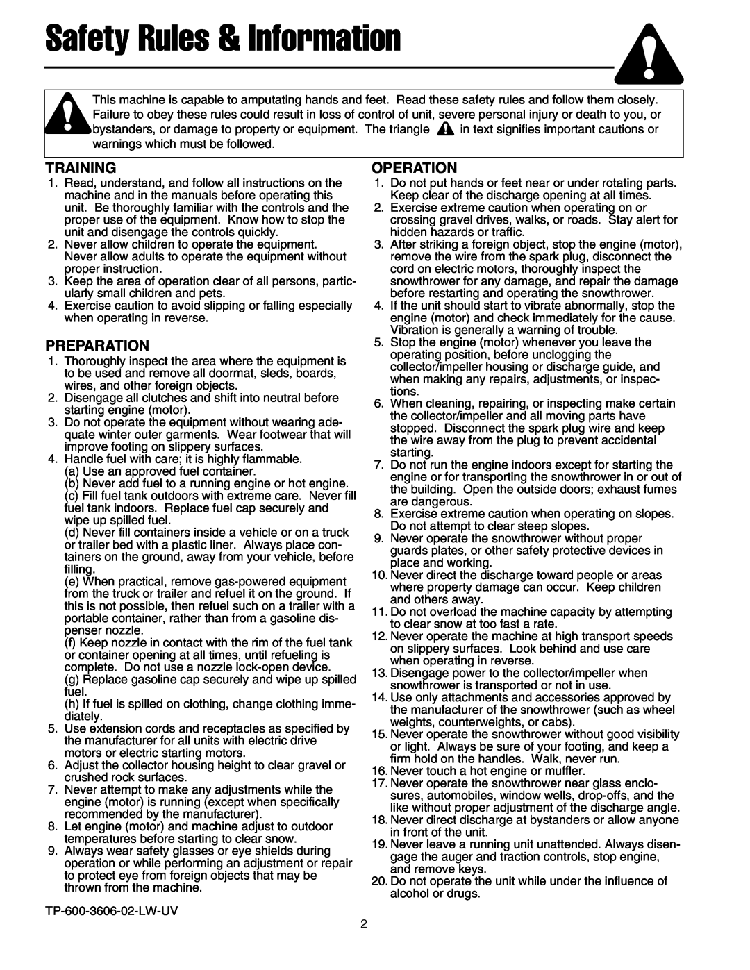 Snapper 520E manual Safety Rules & Information, Training, Preparation, Operation 