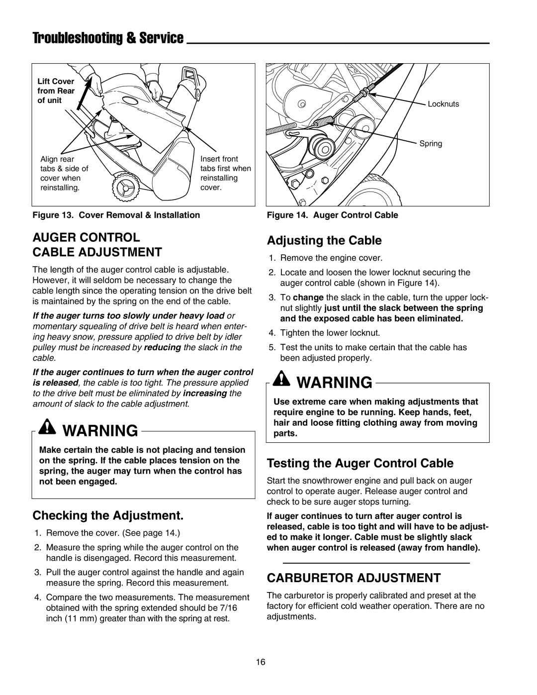 Snapper 520E manual Troubleshooting & Service, Auger Control Cable Adjustment, Carburetor Adjustment 