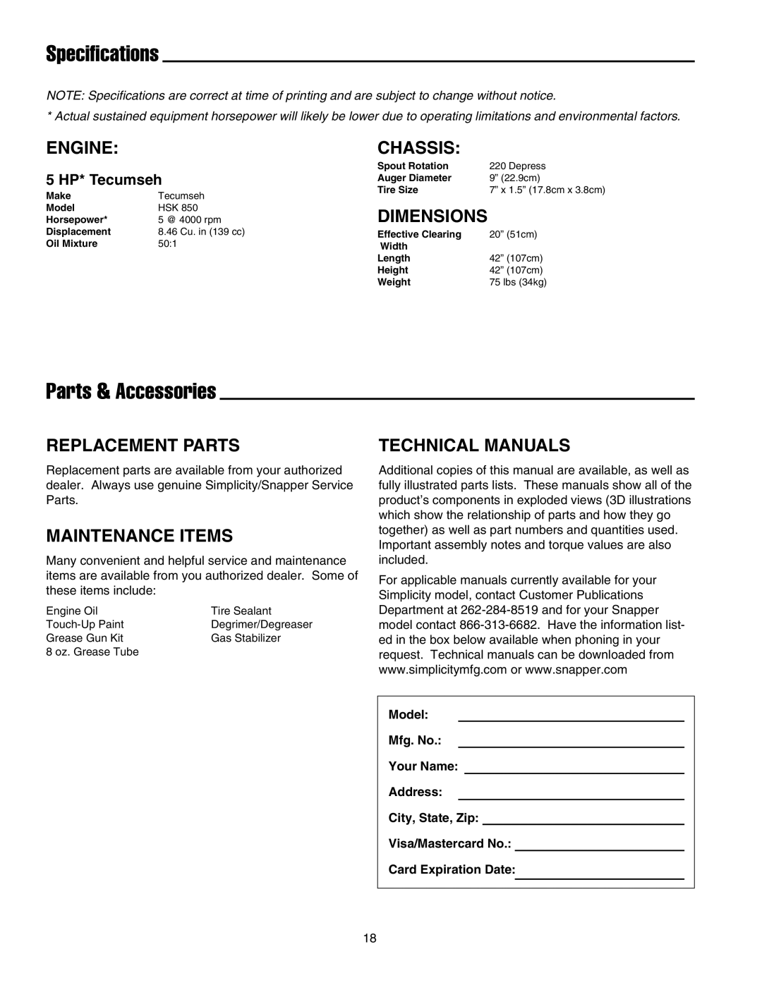 Snapper 520E manual Specifications, Parts & Accessories 