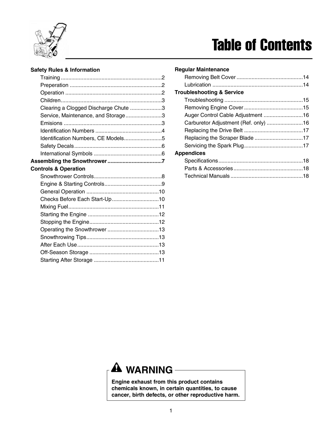 Snapper 520E manual Table of Contents 