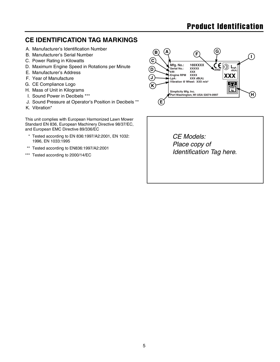 Snapper 520E manual CE Identification TAG Markings, 169XXXX 