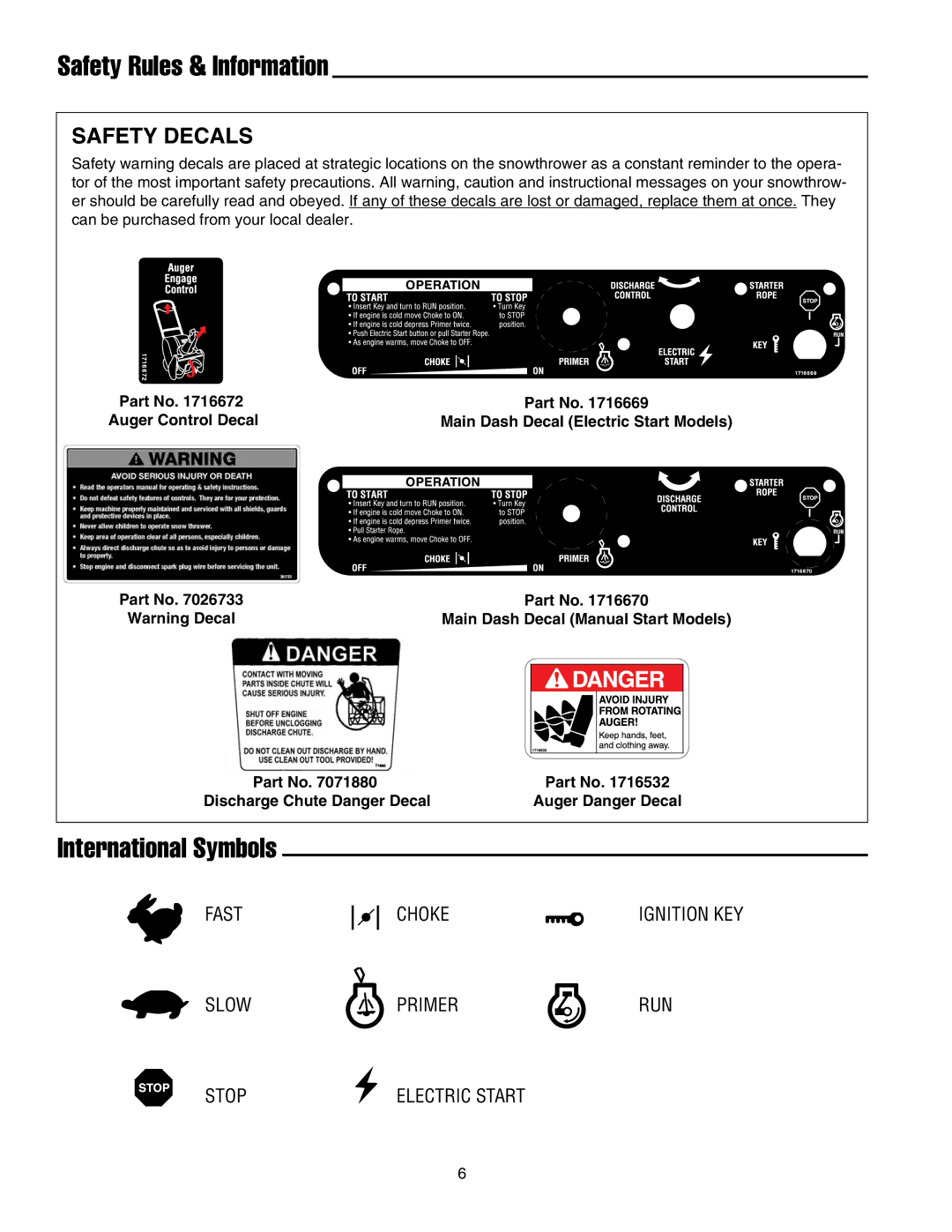 Snapper 520E manual Safety Rules & Information, International Symbols, Safety Decals 