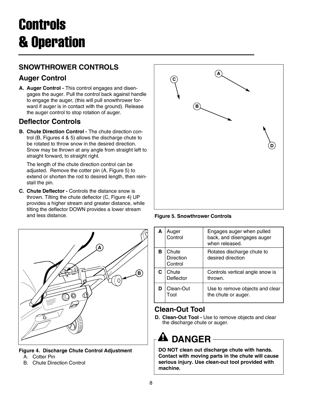 Snapper 520E manual Snowthrower Controls, Auger Control, Deflector Controls, Clean-Out Tool 