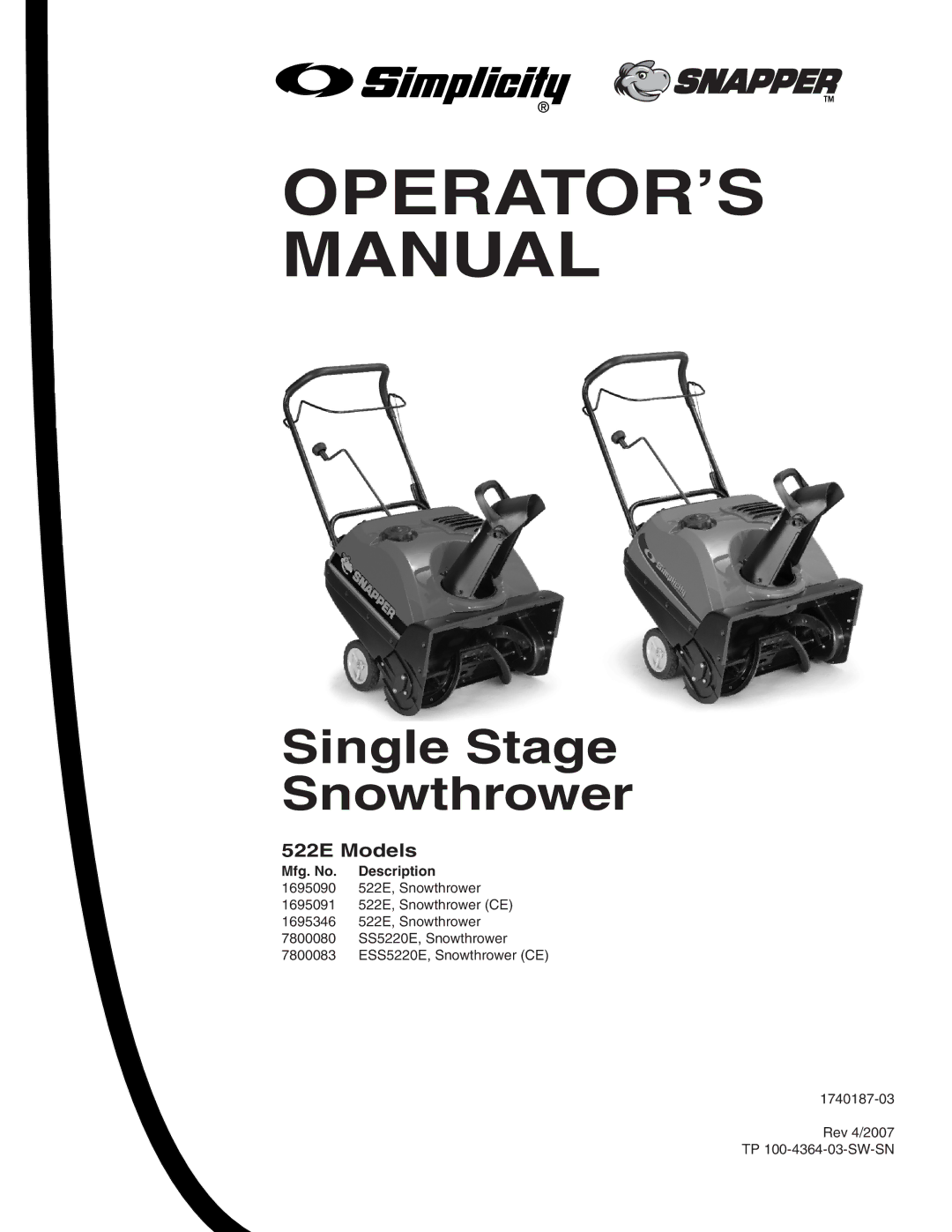 Snapper 522E, 522E, 522E, SS5220E, ESS5220E manual OPERATOR’S Manual, 522E Models 