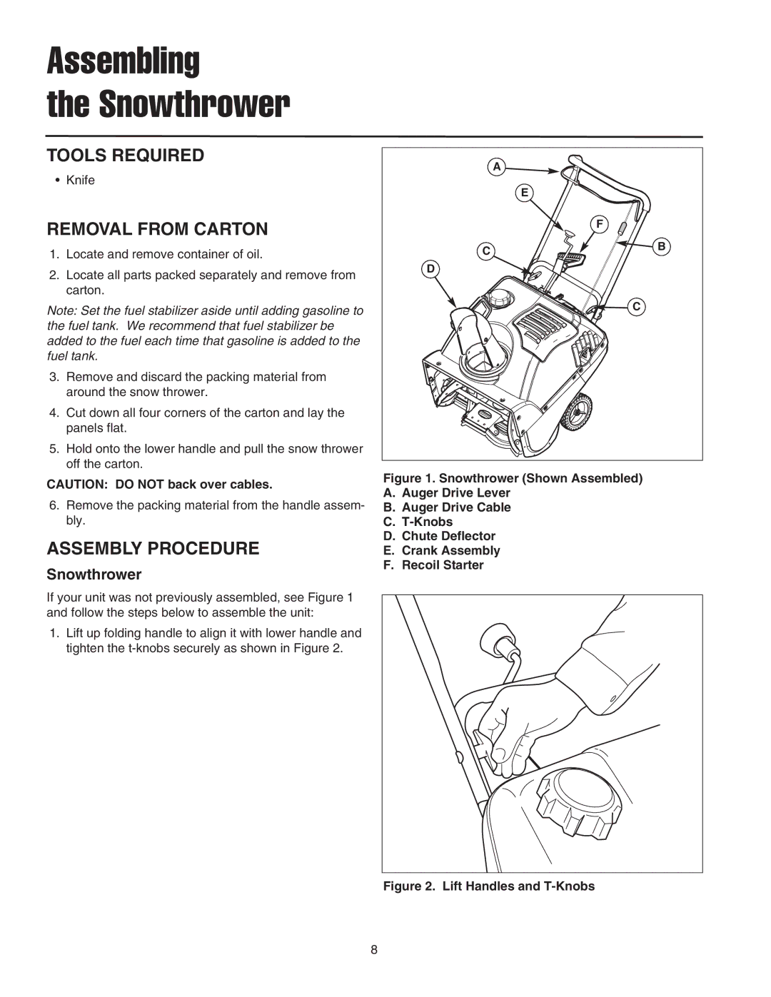 Snapper 522E, SS5220E, ESS5220E manual Tools Required, Removal from Carton, Assembly Procedure, Snowthrower 