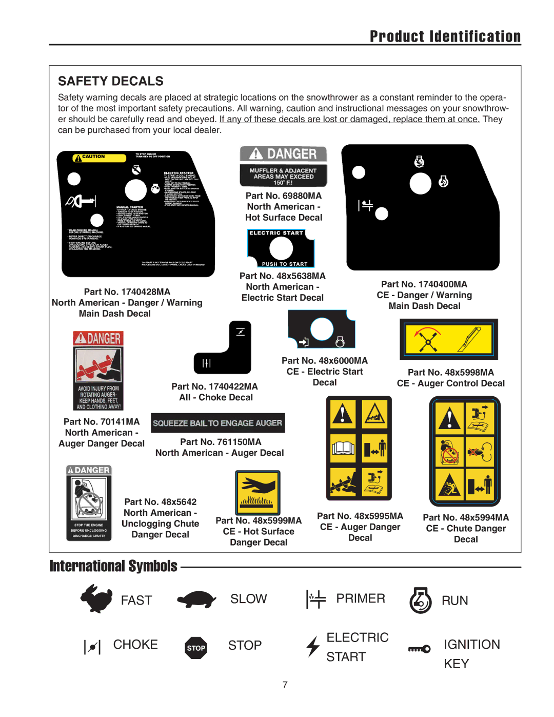 Snapper 522E, 522E, 522E, SS5220E, ESS5220E manual International Symbols, Safety Decals 