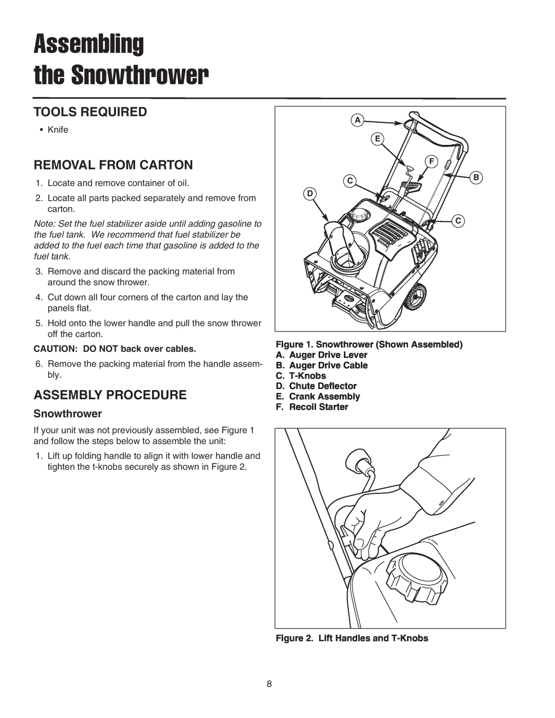 Snapper 522E manual Assembling the Snowthrower, Tools Required, Removal From Carton, Assembly Procedure, F. Recoil Starter 