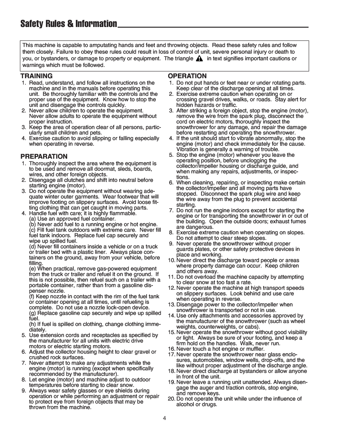 Snapper 522E manual Safety Rules & Information, Training, Preparation, Operation 