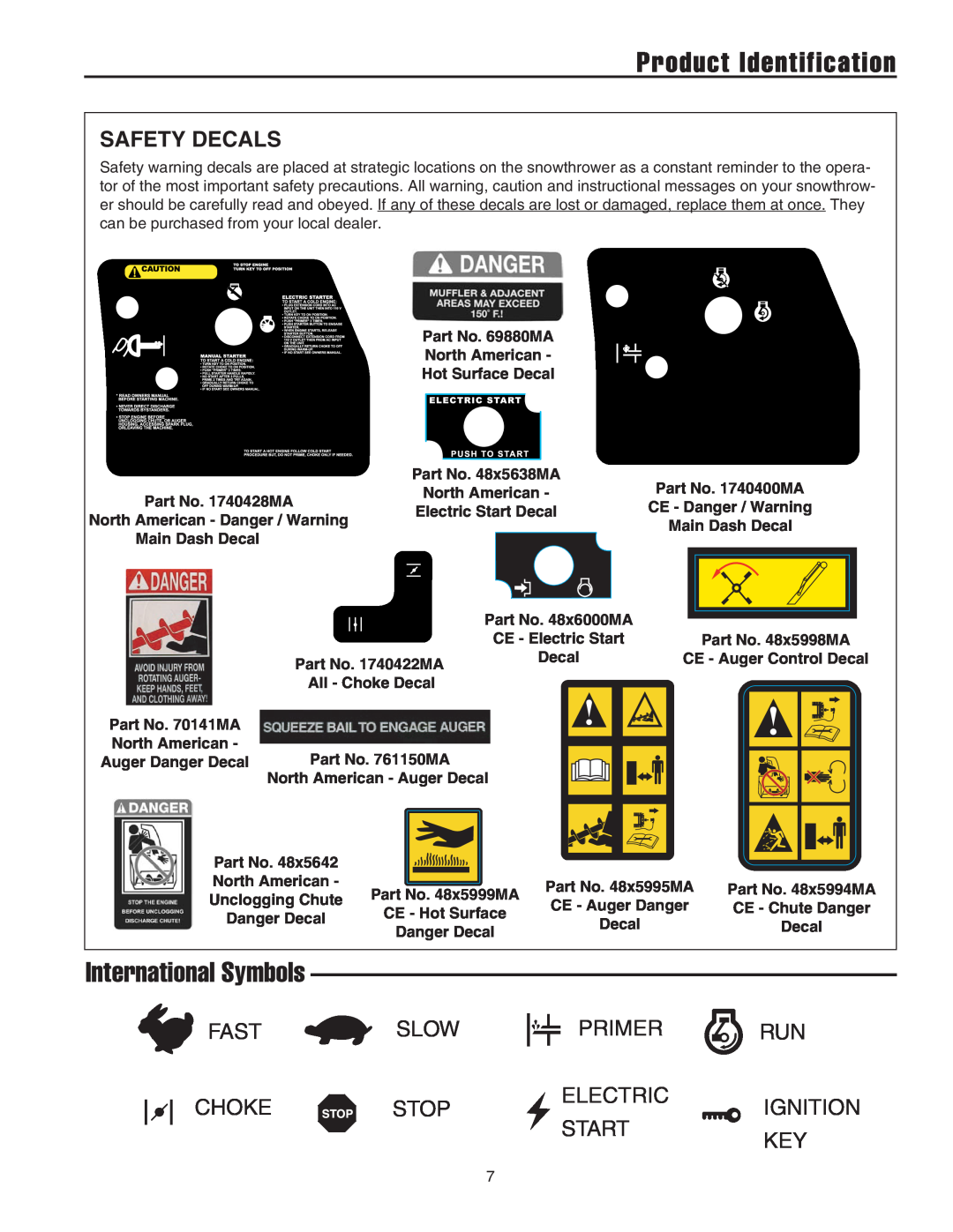 Snapper 522E International Symbols, Safety Decals, Part No. 69880MA North American Hot Surface Decal, Part No. 48x5638MA 