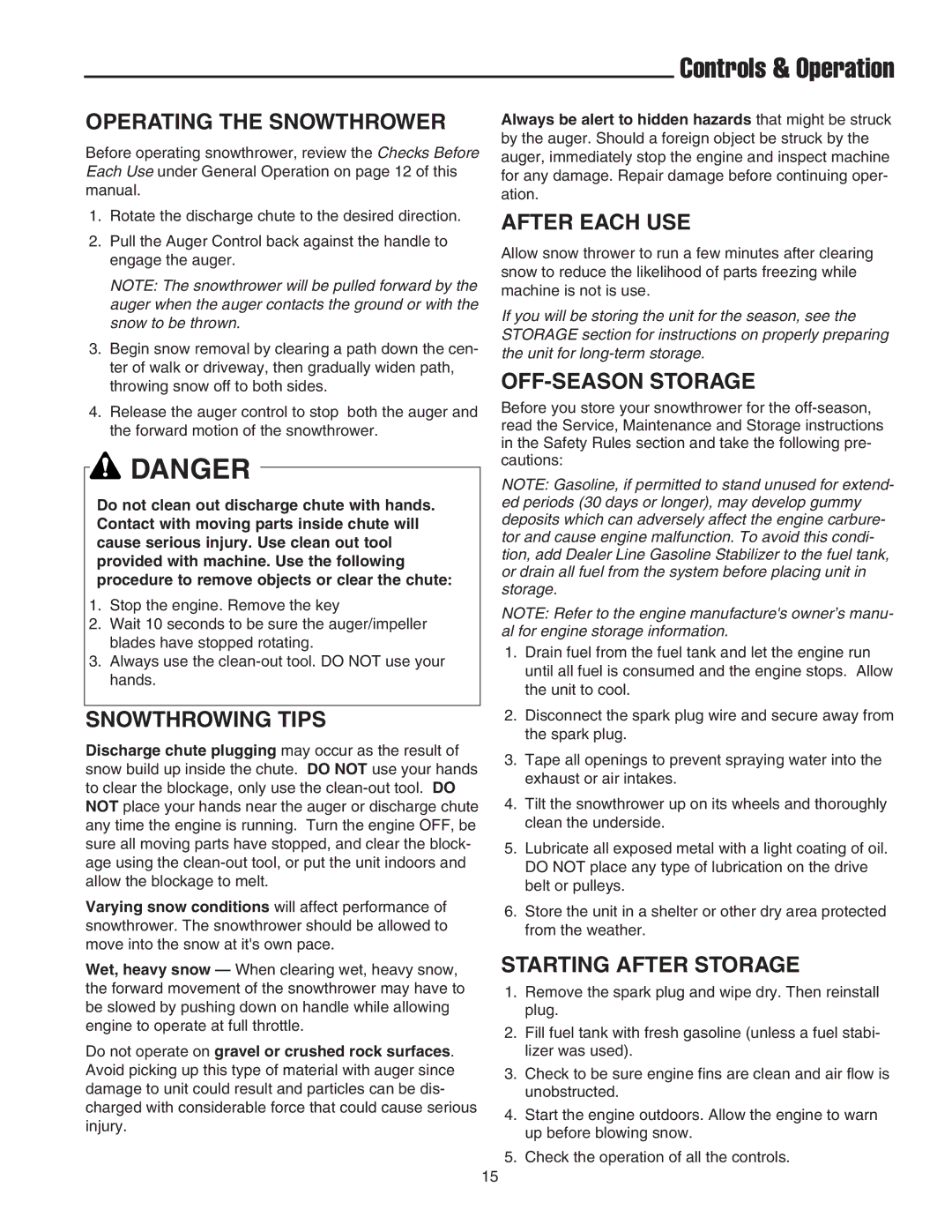 Snapper 522E Operating the Snowthrower, Snowthrowing Tips, After Each USE, OFF-SEASON Storage, Starting After Storage 