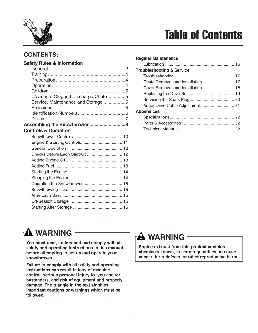 Snapper 522E manual Table of Contents 