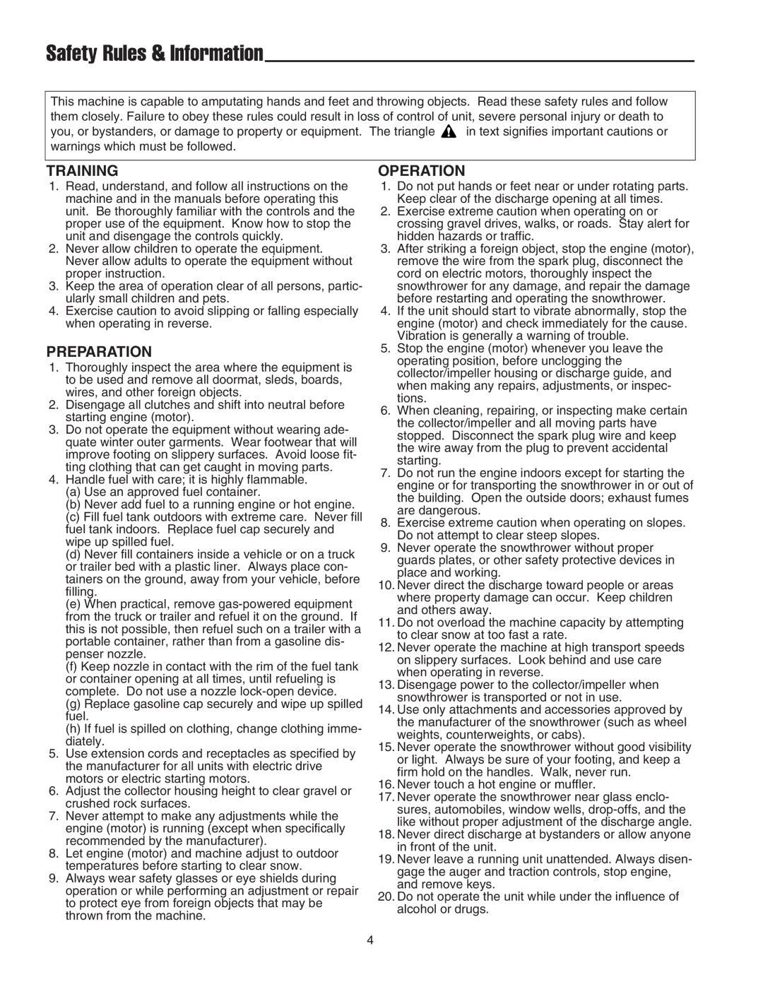 Snapper 522E manual Safety Rules & Information, Training 