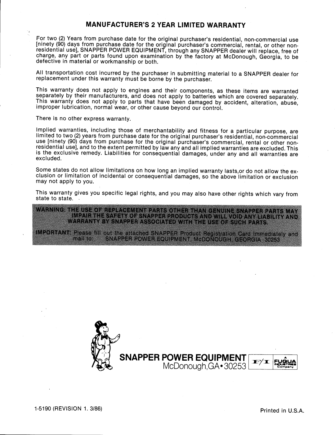 Snapper 5240 Series manual 