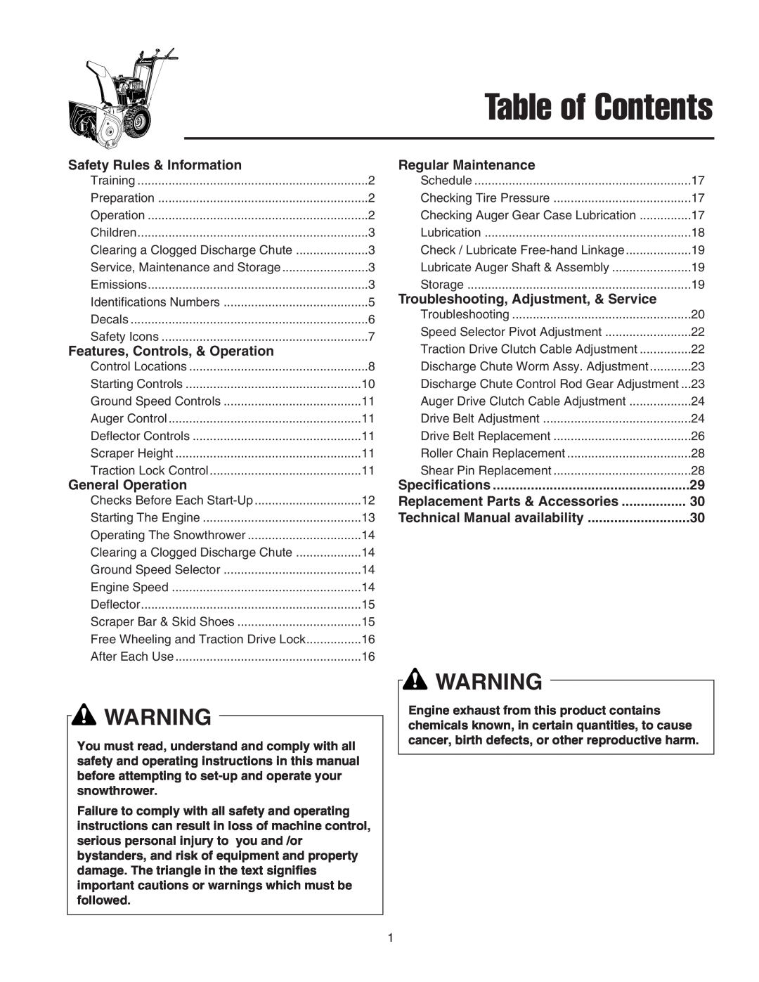 Snapper 555 Table of Contents, Safety Rules & Information, Regular Maintenance, Troubleshooting, Adjustment, & Service 