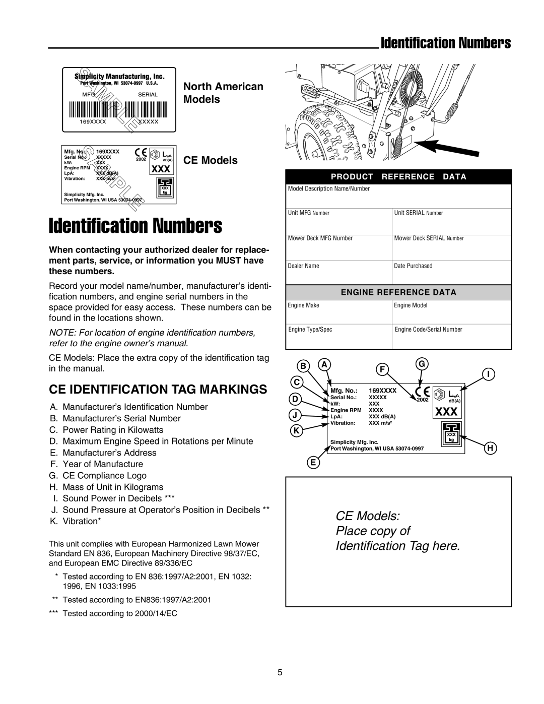 Snapper 555 manual Identification Numbers, Ce Identification Tag Markings, CE Models Place copy of Identification Tag here 