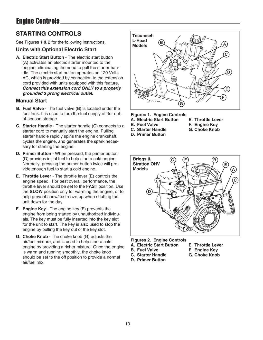 Snapper 555M, 555M, 15225, E15225, 18245E, E18245, 860E, 860M manual Engine Controls, Starting Controls, Manual Start 