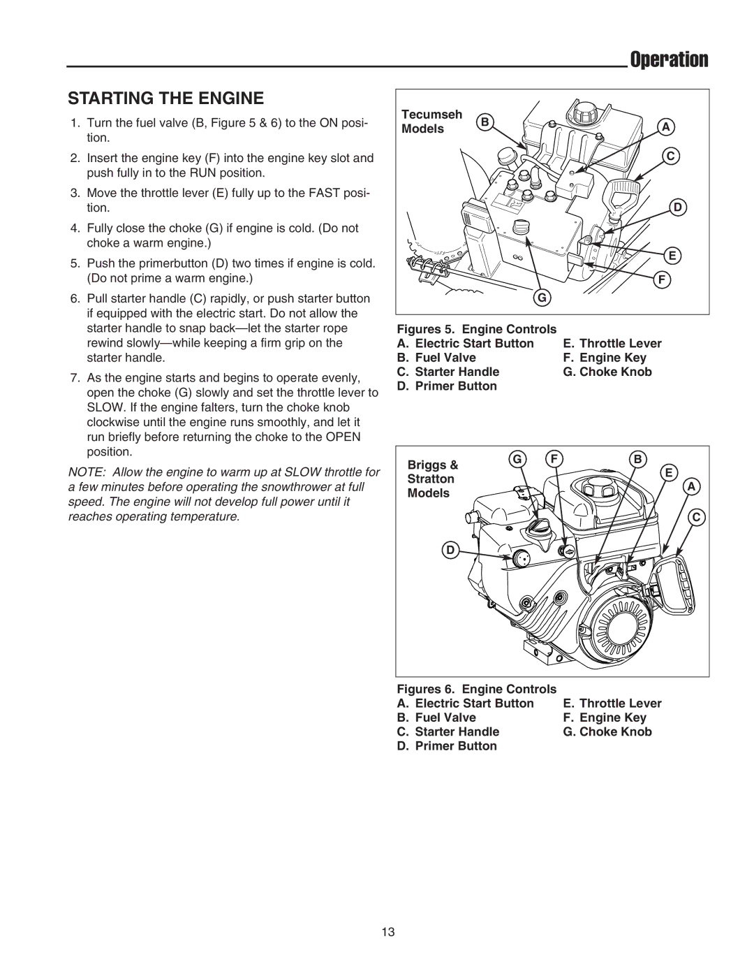 Snapper 555M, 555M, 15225, E15225, 18245E, E18245, 860E, 860M manual Starting the Engine 